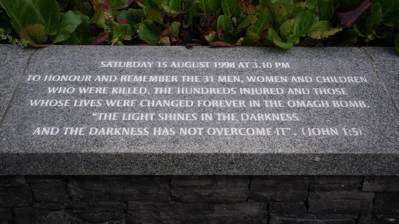 A memorial plaque in Omagh remembering the victims of the 1998 Omagh bombing