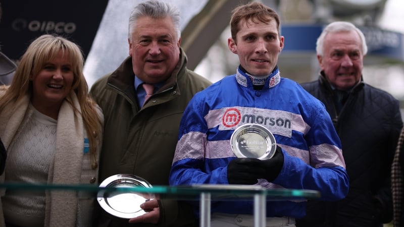 Trainer Paul Nicholls (second left) with jockey Harry Cobden after Pic D'Orhy won the Betfair Ascot Chase