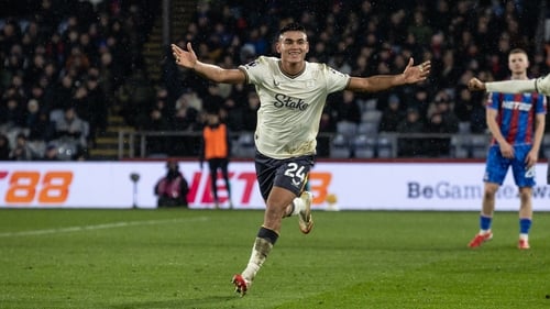 Everton's Carlos Alcaraz celebrates what proved to be the match-winning goal