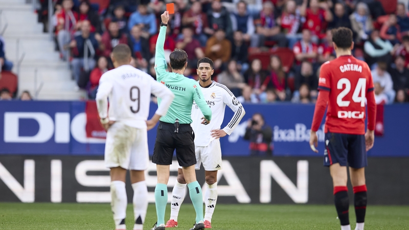 Real Madrid's Jude Bellingham is sent off by referee Jose Luis Munuera Montero
