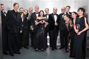 <p>Guest, Volker Bertelmann, Martin Ware, Nina Gold, Danny Cohen, Robert Harris, Michael A Jackman, guest, Ralph Fiennes, Nick Emerson, Edward Berger, Isabella Rossellini, Peter Straughan, Tessa Ross and Juliette Howell</p>