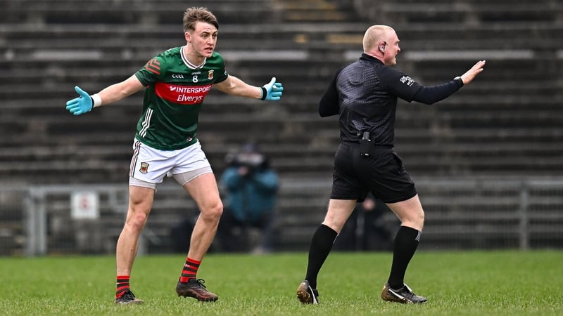 Mayo's Donnacha McHugh questions referee Barry Cassidy in the league game against Tyrone