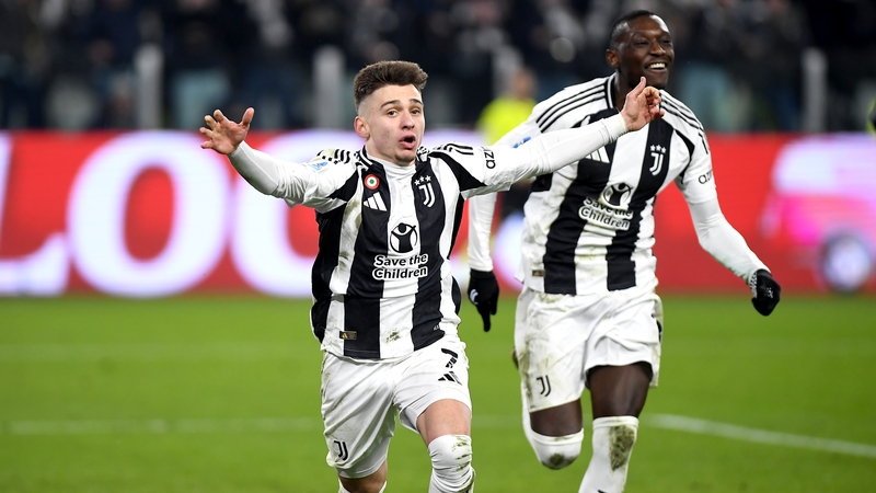Francisco Conceicao celebrates with Juventus team-mate Randal Kolo Muani after his goal against Inter Milan