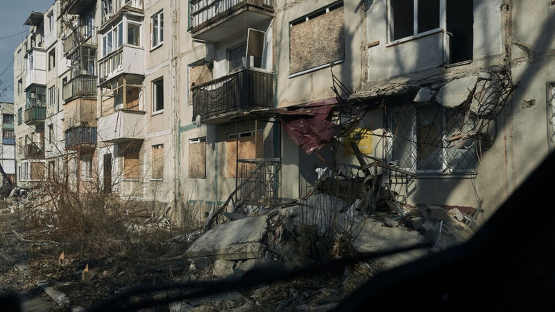 Damage seen to buildings following shelling in Pokrovsk, Ukraine