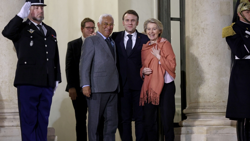 French President Emmanuel Macron and President of the European Council Antonio Costa and President of the European Commission Ursula von der Leyen after the meeting