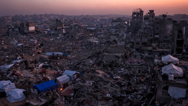 Tents belonging to Palestinians are seen amid the rubble of destroyed buildings in Jabalia in northern Gaza