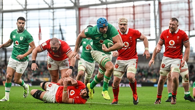 Tadhg Beirne scores one of Ireland's four tries in last year's win against Wales
