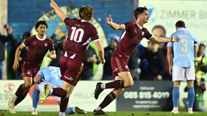 Patrick Hickey (R) celebrates his opener at Eamonn Deacy Park