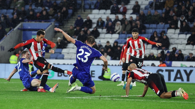 Fabio Carvalho scores Brentford's fourth goal at the King Power Stadium