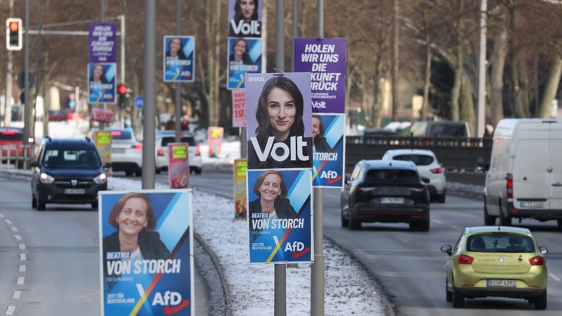 Election posters, including of the Volt party and the far-right AfD hang from lampposts in Berlin