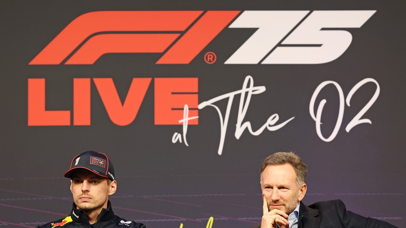 Max Verstappen and Christian Horner, Team Principal of Oracle Red Bull Racing look on during a press conference prior to F1 75 Live