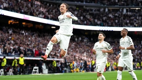 Real Madrid's Luka Modric celebrates opening the scoring against Girona