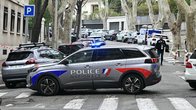A French National Police car blocks off a street in front of the Russian consulate in Marseille