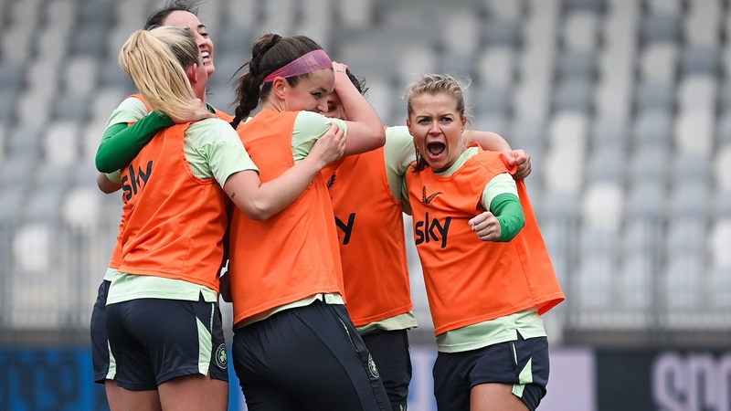 (L to R): Jessie Stapleton, Anna Patten, Caitlin Hayes, Melisa Filis and Ruesha Littlejohn during training at Bonifika Stadium in Koper, Slovenia