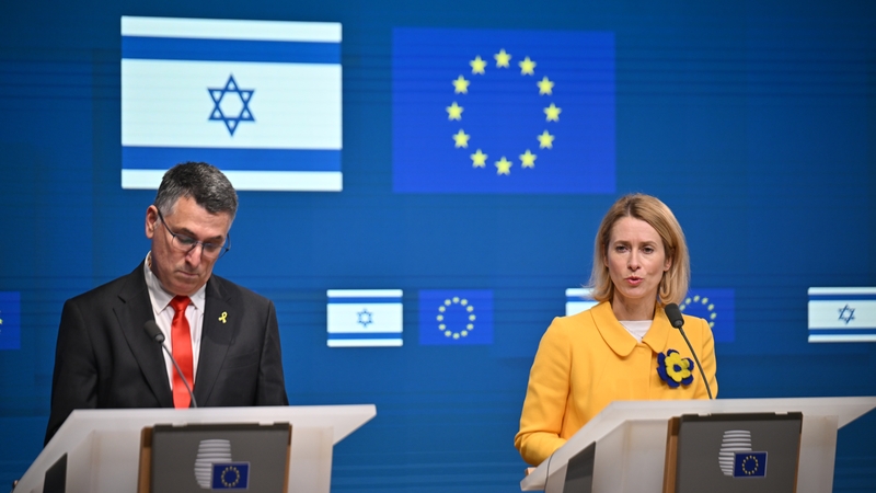EU foreign policy chief Kaja Kallas (R) pictured speaking alongside Israeli Foreign Minister Gideon Saar