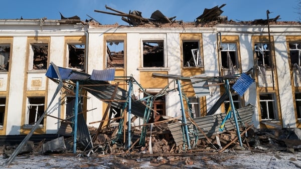 The exterior of a school bombed by Russian invading forces yesterday in Sloviansk, Ukraine