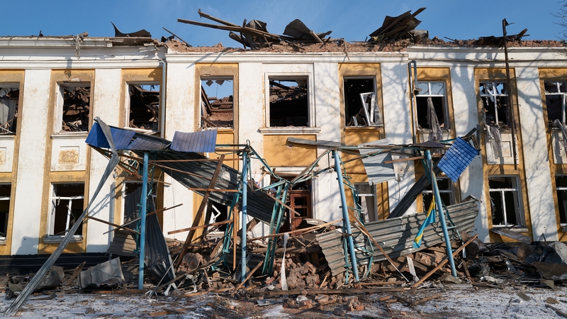 The exterior of a school bombed by Russian invading forces yesterday in Sloviansk, Ukraine