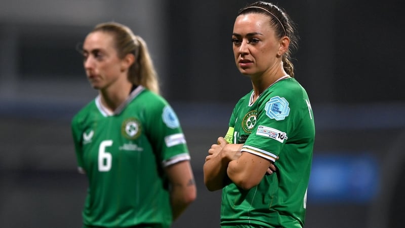 Katie McCabe (R) and Megan Connolly after the Republic of Ireland's crushing loss in Koper