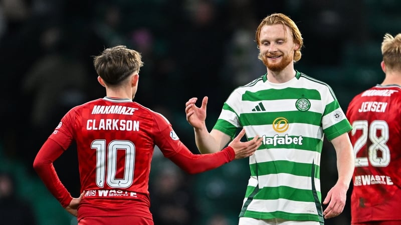 Ireland and Celtic defender Liam Scales and Aberdeen's Leighton Clarkson at full time