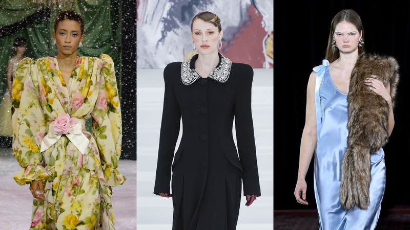L-R: Runwau looks from Richard Quinn, Paul Costelloe and Simone Rocha. (Getty Images)
