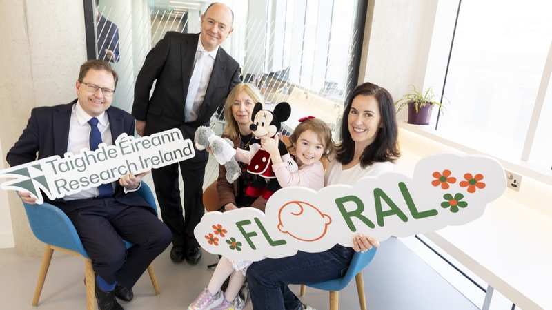 At RCSI University of Medicine and Health Sciences were: Minister Lawless; Prof. Jonathan Hourihane, Lead of the FLORAL study, Celine Fitzgerald, Interim CEO of Research Ireland; five-year old Eleanor, and her mother Monica.