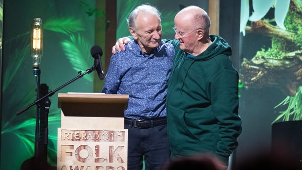 Dónal Lunny (L) was presented with the Lifetime Achievement Award by Christy Moore (R)
