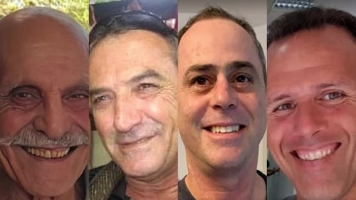 (L-R) Israeli hostages Shlomo Mantzur, Itzhak Elgarat, Tsachi Idan and Ohad Yahalomi