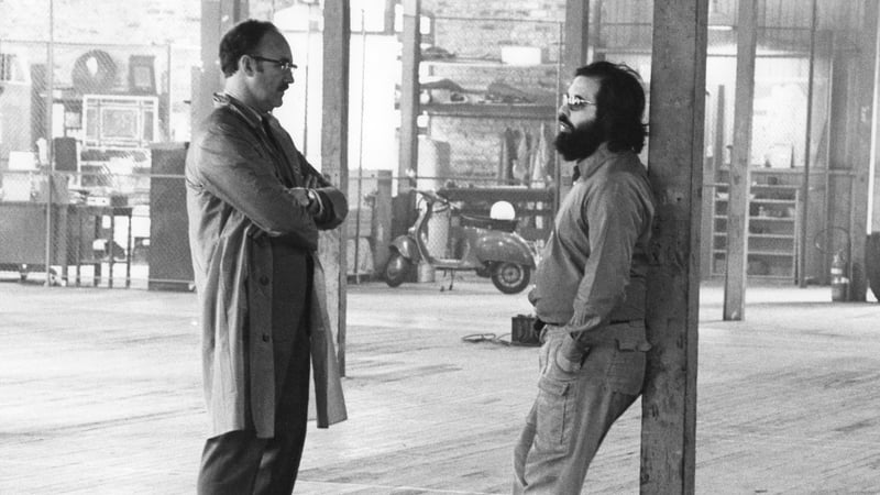 Gene Hackman and Francis Ford Coppola on the set of Coppola's movie The Conversation, 1974