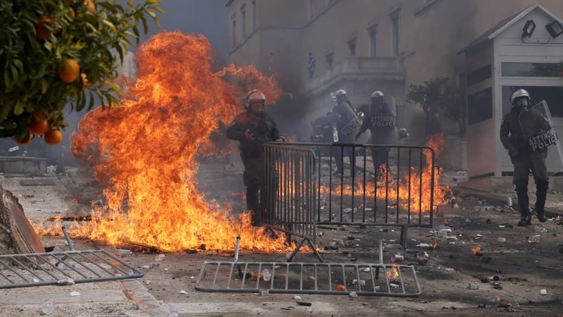 Firebombs were thrown during clashes at the Athens protest