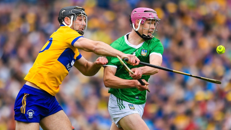 Shane O'Brien (R) in action against Cathal Malone of Clare during the 2024 Munster final, Limerick's third consecutive win over the Banner