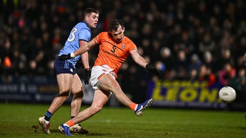 Armagh defender Barry McCambridge shoots to score his side's first-half goal