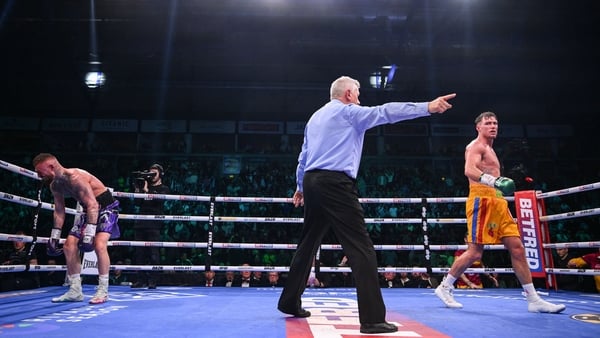 Paddy Donovan, right, is disqualfied by referee Marcus McDonnell after punching Lewis Crocker after the bell during their IBF welterweight eliminator bout
