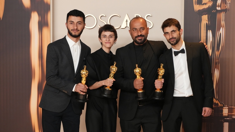 No Other Land's Basel Adra, Rachel Szor, Hamdan Ballal, and Yuval Abraham at the 97th Academy Awards