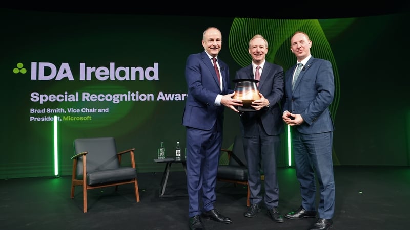 Taoiseach Micheál Martin, Microsoft President Brad Smith and IDA Ireland CEO Michael Lohan