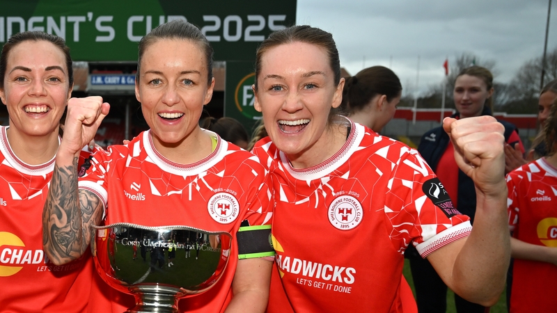 Pearl Slattery and Rachel Graham celebrate with the FAI President's Cup after Saturday's 2-1 win over league champions Athlone Town