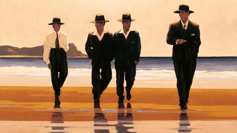 The Billy Boys depicts four men in suits walking along a beach at sunset