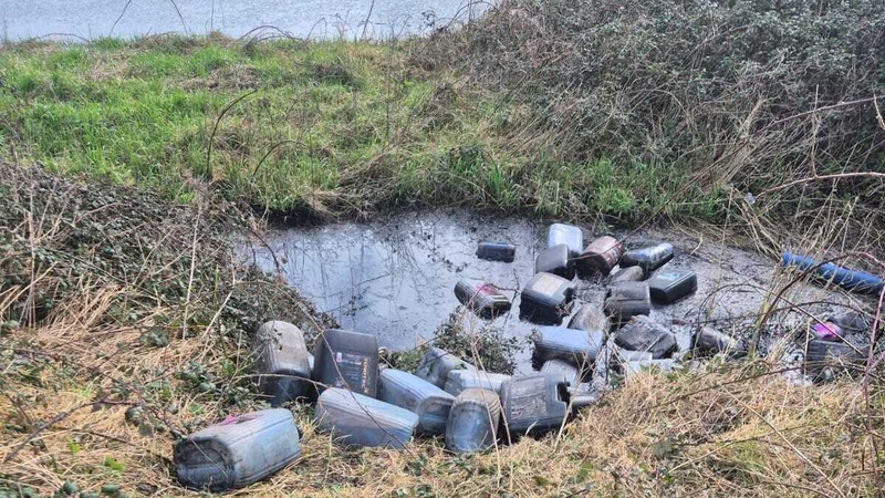 60 five-gallon drums of oil were illegally dumped near a river in Co Meath.