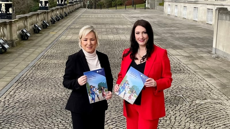 First Minister Michelle O'Neill (L) and deputy First Minister Emma Little Pengelly with the Stormont Executive's Programme for Government