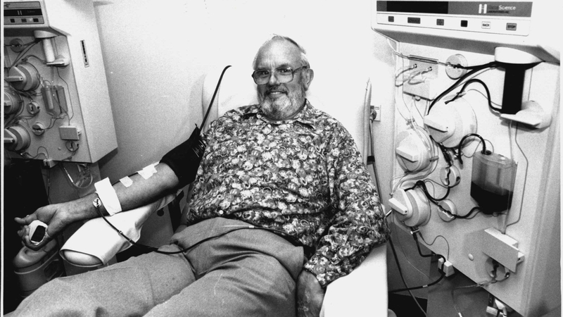 Jim Harrison, pictured giving his 537th blood donation, on 5 December 1992