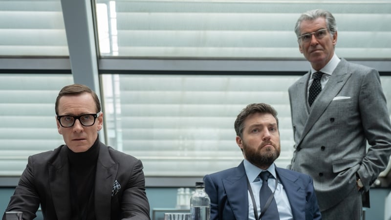 L-R Michael Fassbender, Tom Burke and Pierce Brosnan in Steven Soderbergh's spy thriller Black Bag