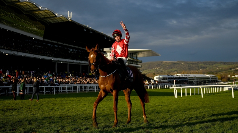 Michael O'Sullivan celebrates after winning on Jazzy Matty at Cheltenham in 2023