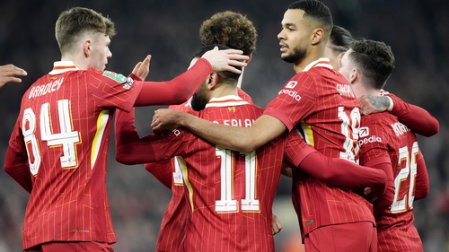 Cody Gakpo (centre right) has scored 16 goals for Liverpool this season