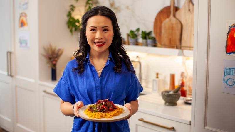 Eva Pau's black pepper beef with crispy egg noodle pancake