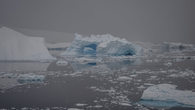 An iceberg is seen near Dismal Island, located in the part of Adelaide Island that opens into the Southern Ocean in Antarctica