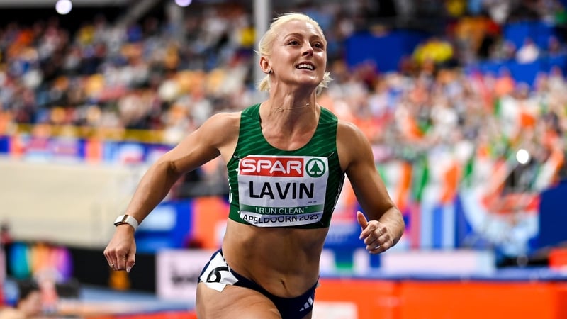 Sarah Lavin crosses the finish line to finish fourth in the women's 60m hurdles final
