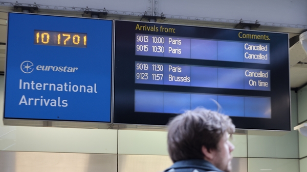 The International arrival board at London St Pancras International station showing cancelled Paris services
