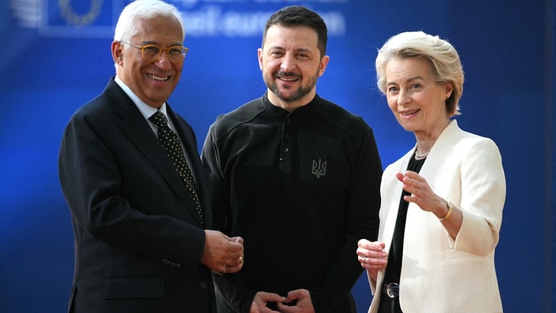 European Council President Antonio Costa (L) and European Commission President Ursula von der Leyen greet Ukraine's President Volodymyr Zelensky at Thursday's summit