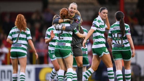Shamrock Rovers players celebrate their win at Tolka Park
