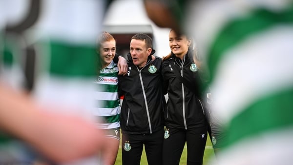 Shamrock Rovers head coach Collie O'Neill speaks to his players after the 2-1 victory at Tolka Park
