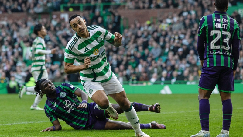 Celtic's Adam Idah celebrates scoring to make it 2-0 during a Scottish Gas Scottish Cup Quarter-Final match between Celtic and Hibernian at Celtic Park, on March 09, 2025, in Glasgow, Scotland. (Photo by Craig Foy/SNS Group vi